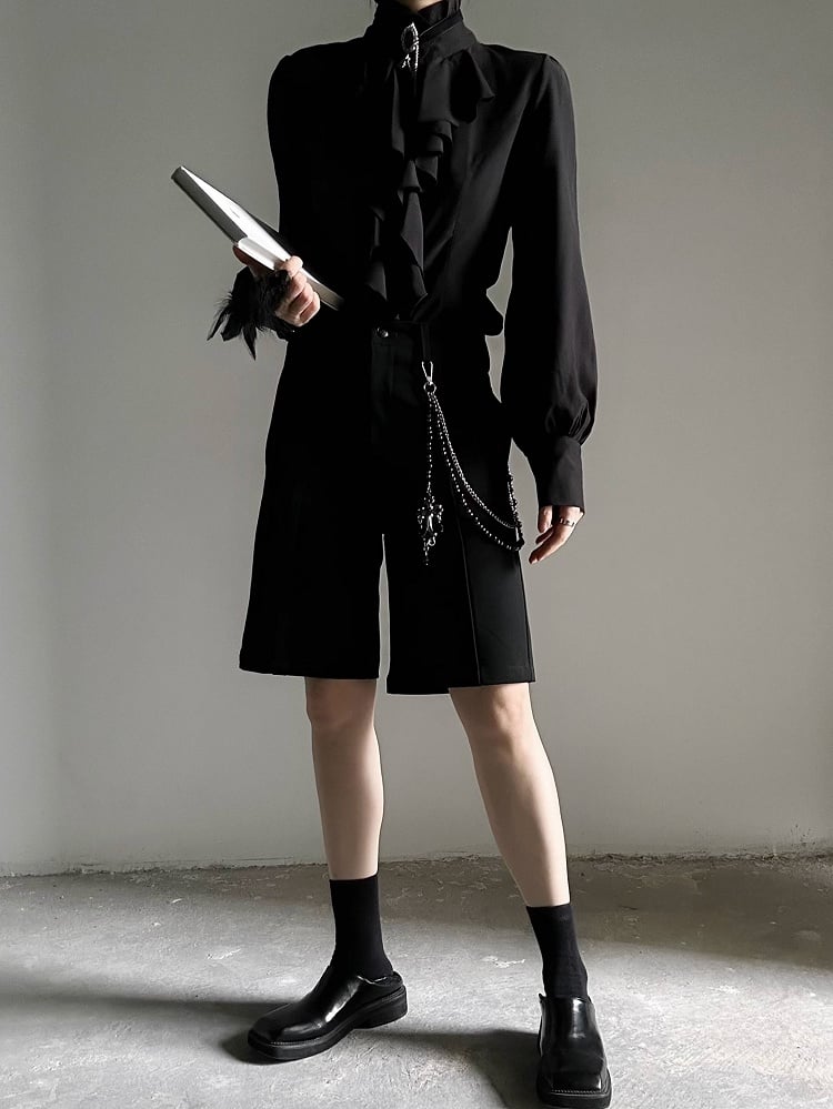 Ouji Lolita Vintage Black Bishop Sleeve Shirt with Cascading Ruffles & Detachable Obsidian Necklace
