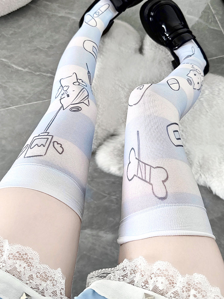 Angel Kitty Over Striped Knee Blue/Pink Pattern Pill Cute Stockings