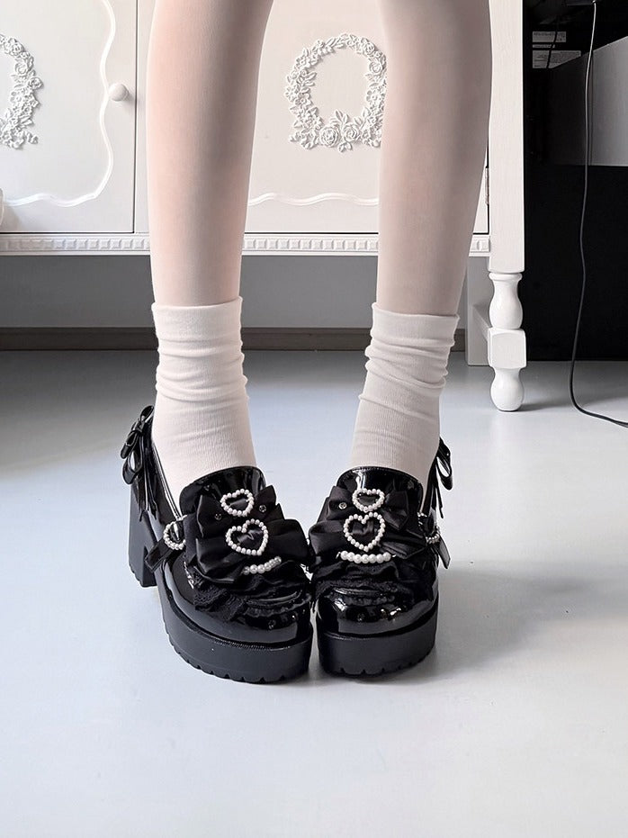 Jirai Kei Pearl Heart Bowknot Lace Ruffle Sneakers - Transfer Student