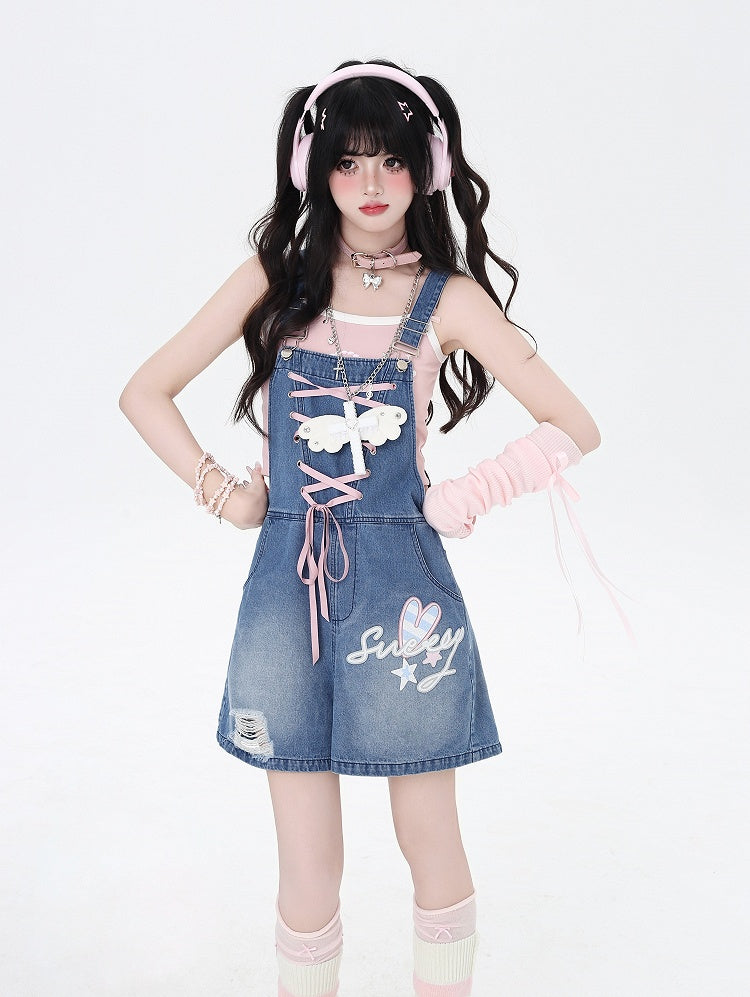 Blue Denim Overall Shorts Bunny Ears Design Back Adorable Lace-up