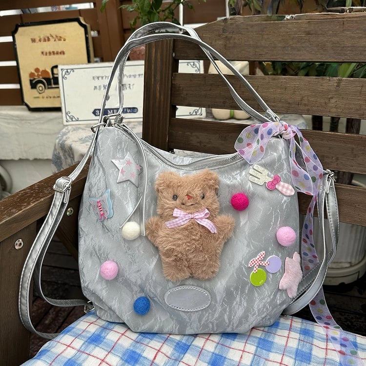 Silver Bag Y2K Commutes Sweet-Edgy Bear Teddy for - Backpack/Shoulder Spacious Plush