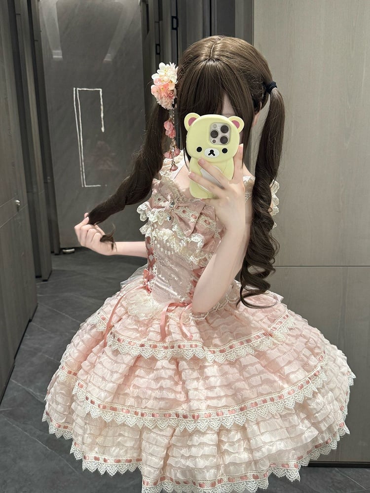 Chain Details JSK Bow Lace-up Dress Bead with Lolita Pink Accent