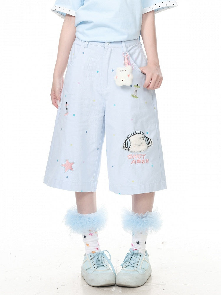 Blue Polka Dot Cropped Wide Pants with Puppy Embroidery - Languid Park