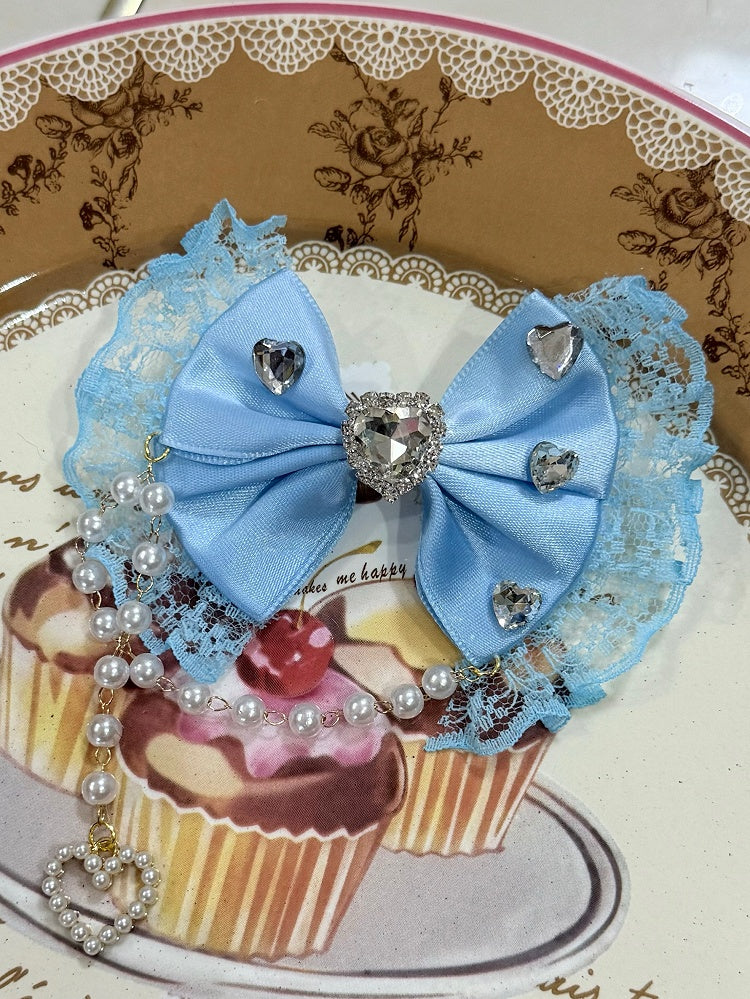 ハートのヘアクリップ、装飾された蝶結び、ラインストーントリムチャーム、ブルービーズレース