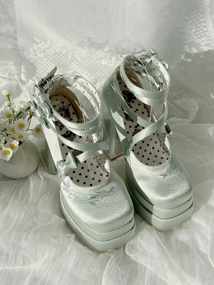 グリーンのカメリアフラワーハイブロックヒールエレガントなプラットフォームハイヒール