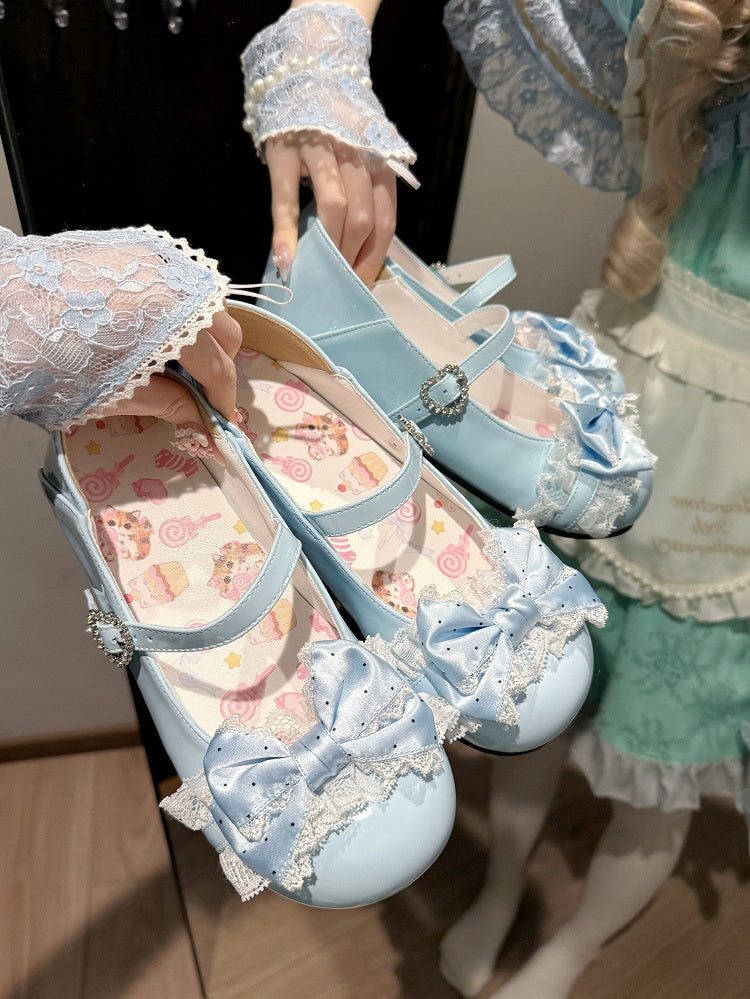 Bow Decor, Lace Appliqué & Crystal Heart Buckle Sky Blue Flats in Sweet Lolita