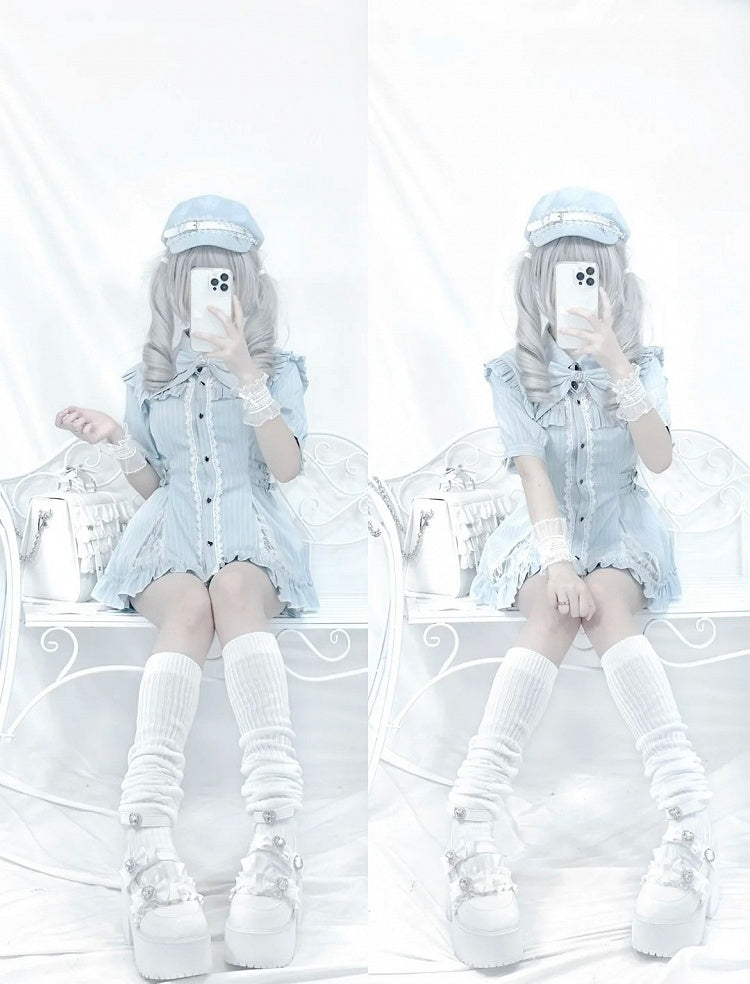 Waist Buckles Jirai Set: Blue Matching with Dress Kei Neckline Illusion Shorts Light