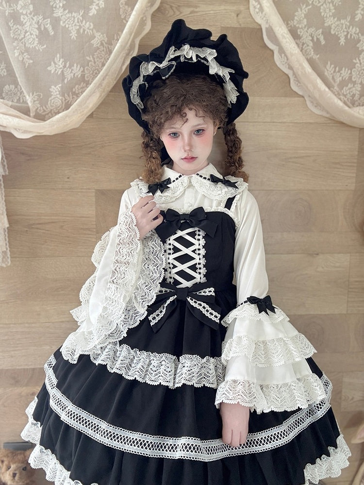 Black Tiered Old School Lolita JSK with Intricate Lace & Criss-Cross Bodice