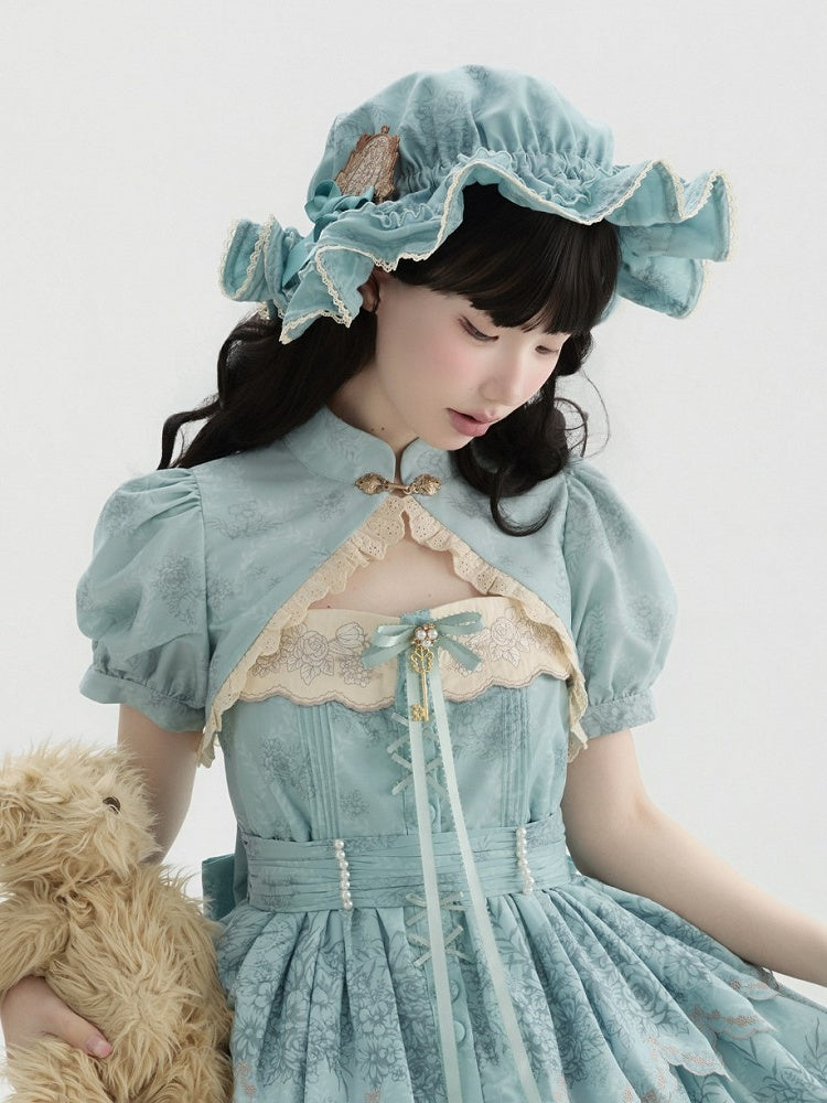 Lolita Floral with Blue/Brown/White/Light Ruffled Hat Brown Pattern Bow