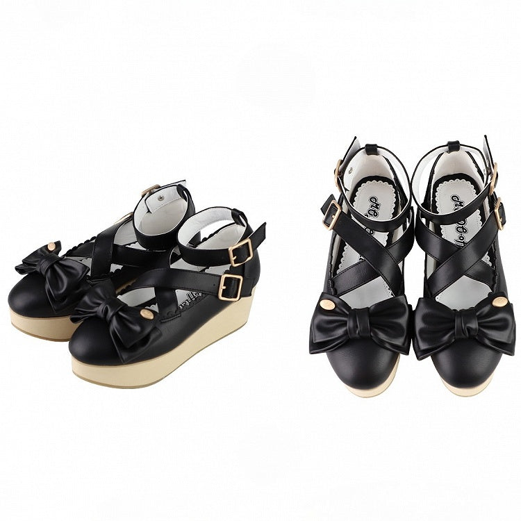 in Sole Lolita Bow Mary Design Crisscross with PU Grain Sweet - Black Wood Janes Accents