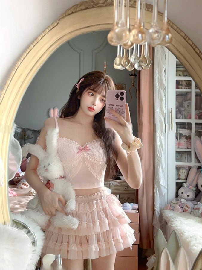 Adjustable Straps Cami Pink Embroidery Floral Top With Lace