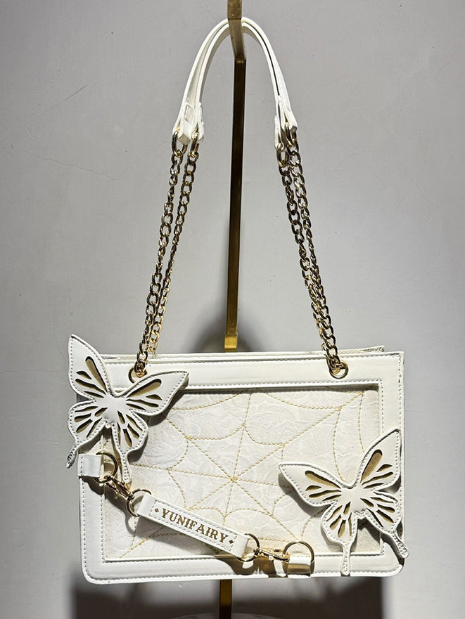 Gold Butterfly Spiderweb Detail Small Version White Ita Shoulder Bag