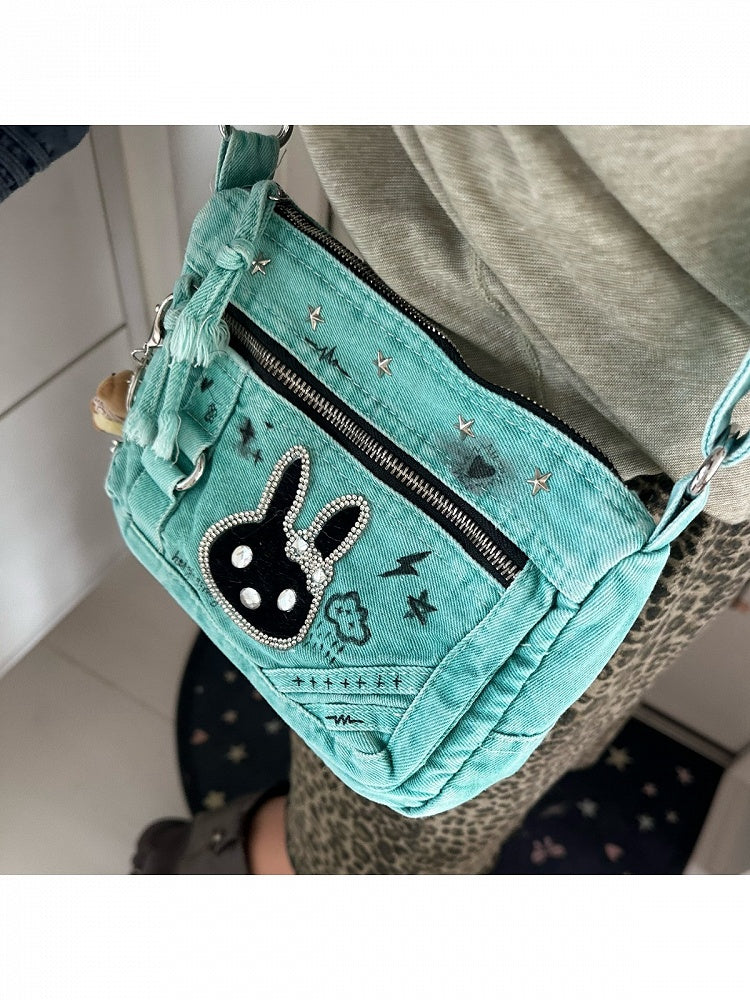 Vintage Mint Green Single Shoulder Purse with Rabbit Motif - Black Cherry Sauce