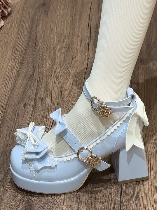 Mary Lolita Round-Toe Bow and with A Heel 8cm Janes Heels Delicate in Elegant - Blue White