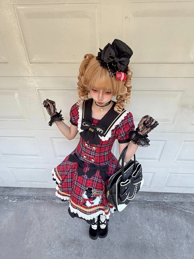 Trim Lace Black Red Sweet Plaid Lolita Dress with Patch Puppy and