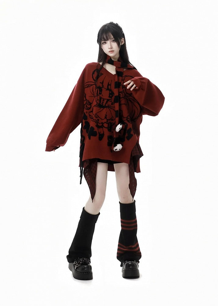 Roter Strickpullover mit V-Ausschnitt und Cartoon-Muster