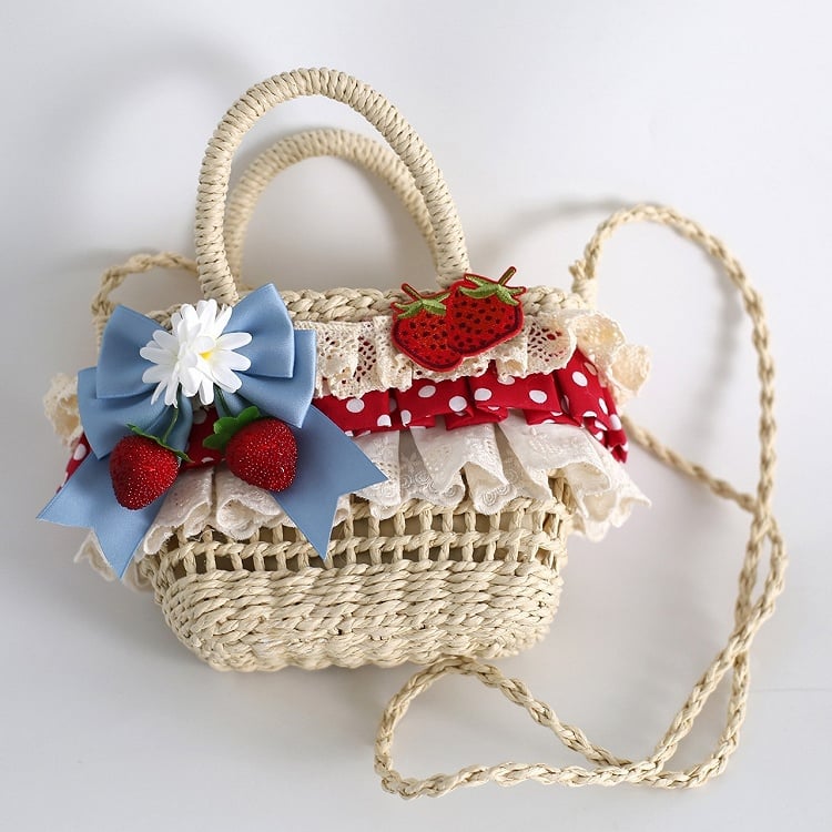 Strawberry Red Crochet Blue Bag Details Crossbody with