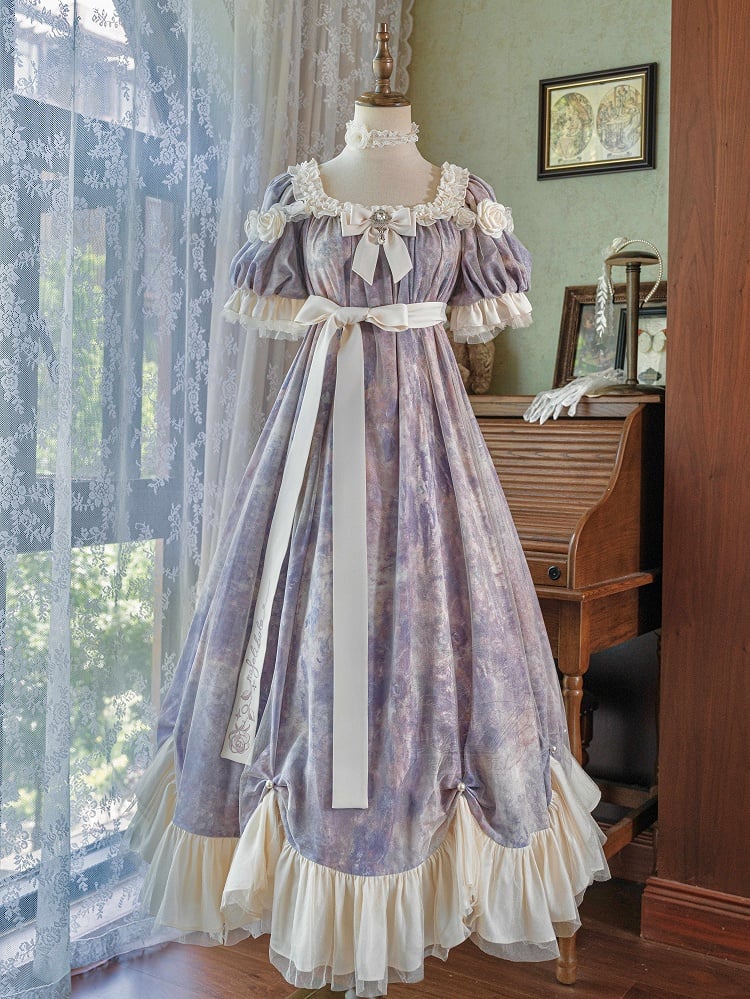 Purple Empire Waist Elegant Maxi Dress Oil Painting Print Classic