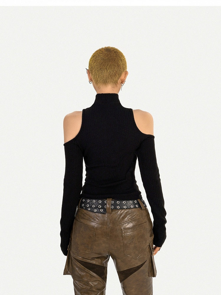 Ebony High Neck Cut-out Long Sleeve Top with Sunflower Decoration