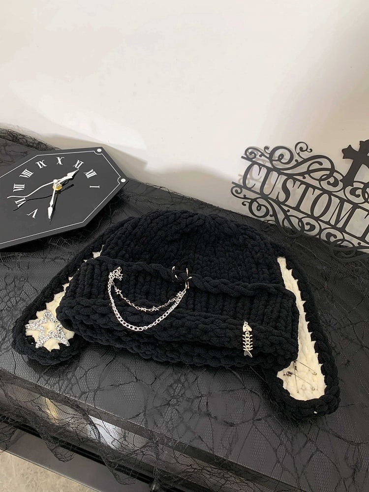 Style with Winter Pin Cute Details Hat Bunny Beanie Punk Black Warm Chain - Ear