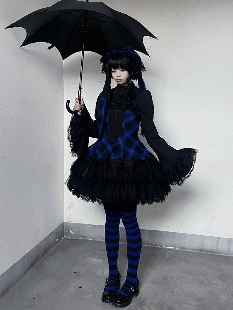 Blue Plaid Black Bows Decorated Double Layered Hemline Gothic Lolita Jumper Skirt