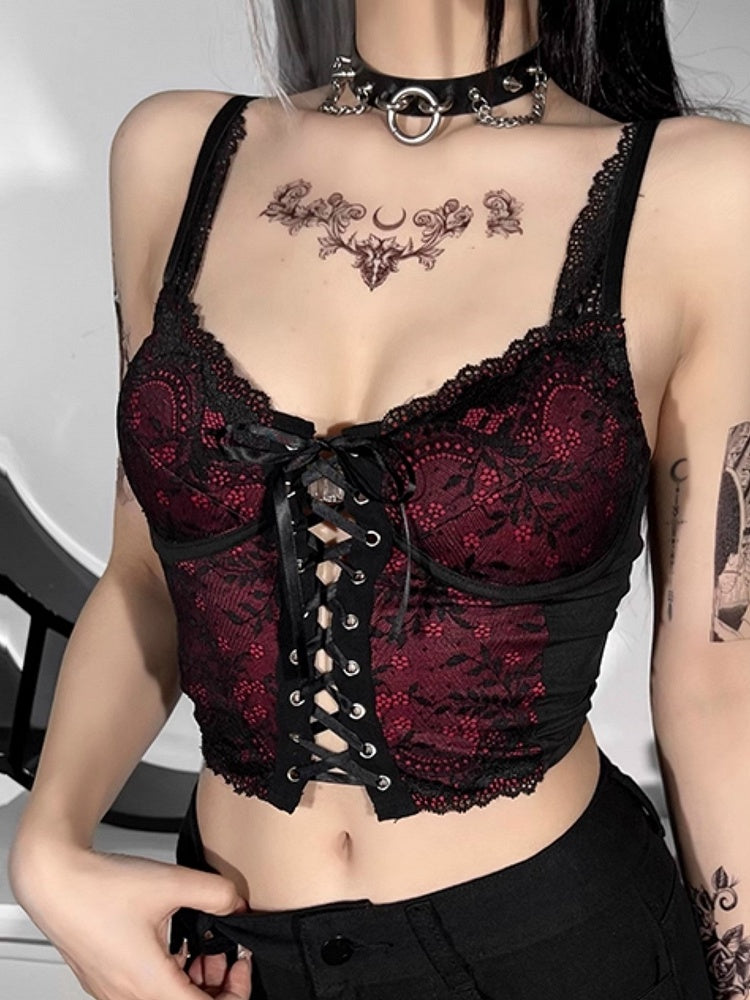 with Top Cami Lace-Up Black Halloween Crisscross Panel Gothic Front Red Embroidered