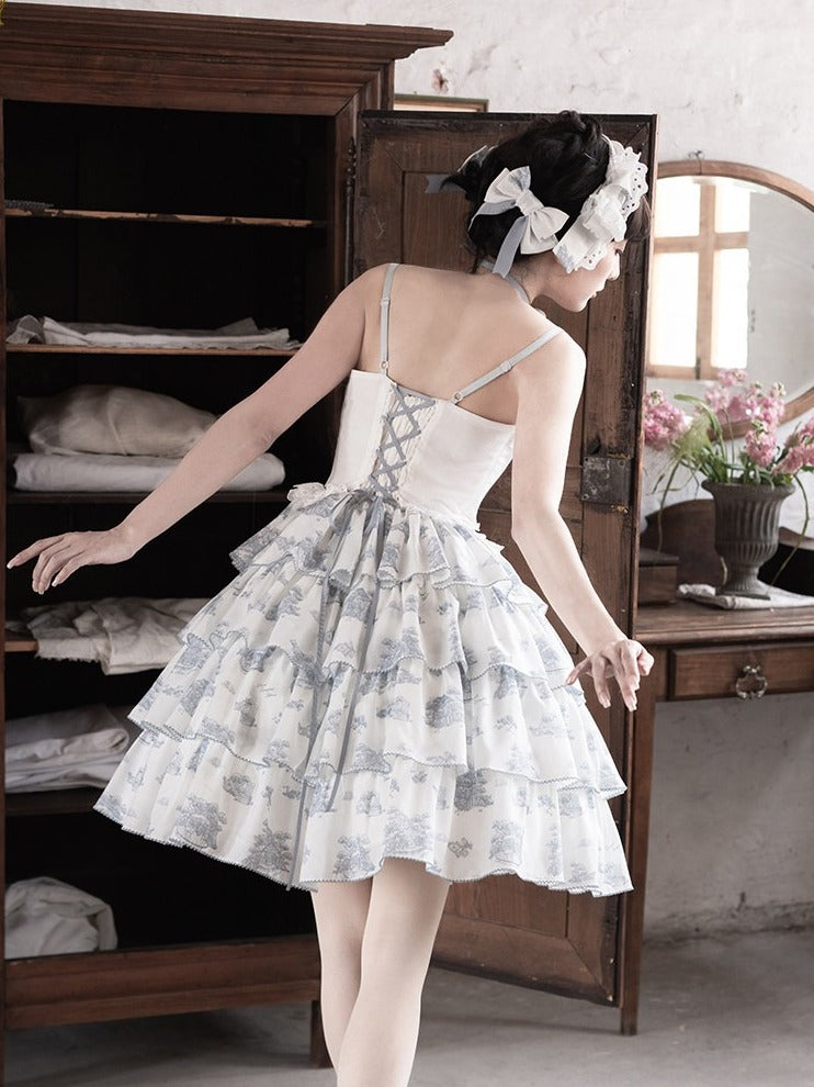 White Blue Floral Print Bow Hair Clip with Stripe Pattern - CEL
