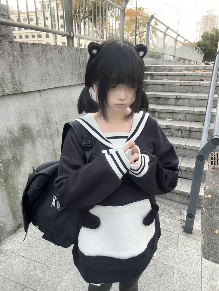 Blue Soft Sailor Adorable Navy Collar with Panda Embroidery Sweatshirt