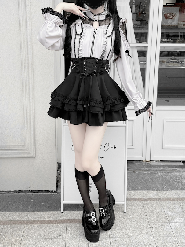 Illusion Buckle Neckline Jirai Kei Zipper Top in Pink & Black Lace with Shoulder Cutouts