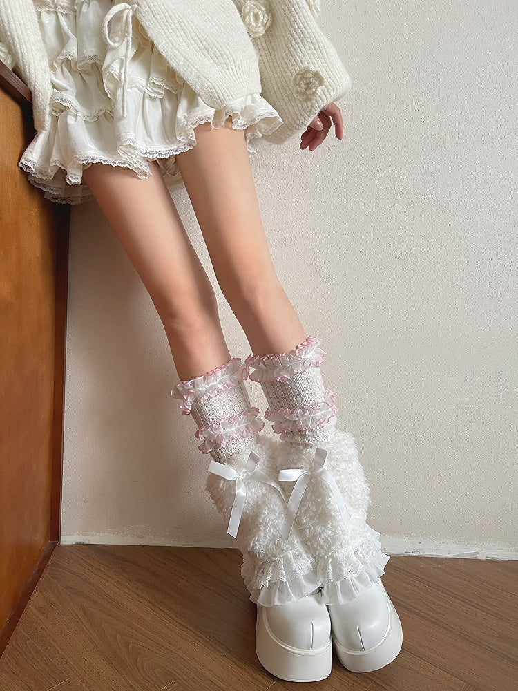 3-Layer Lace Leg Trim Pink Warmers Black White/White