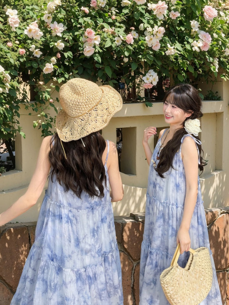 Shell Charm Neckline Dye Tassel Hem Tie Dress Loose Slip Blue Chiffon