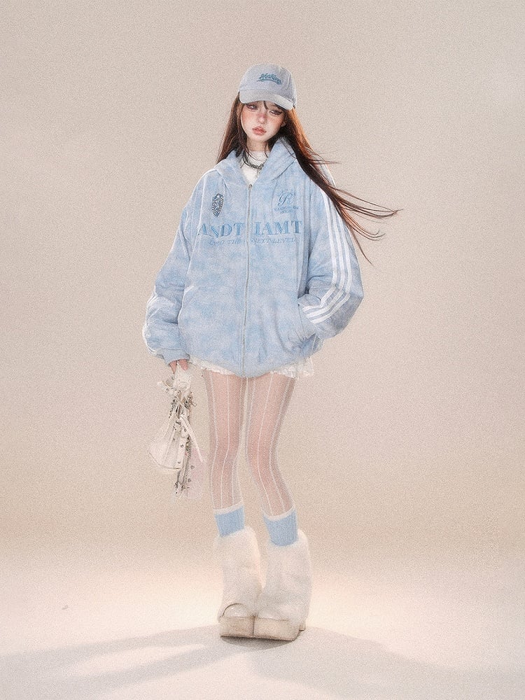 Dicke Wendejacke mit Kapuze und rosa-blauem Buchstabenmuster