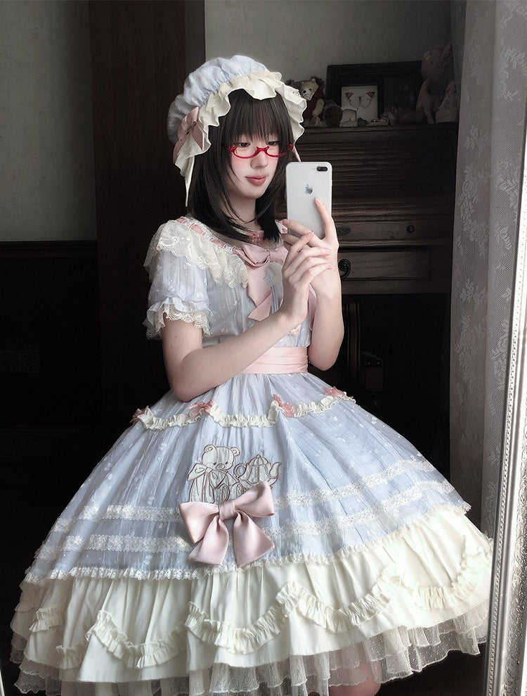 Sweet Accented and Blue Lolita Hat Beige Lace Bow