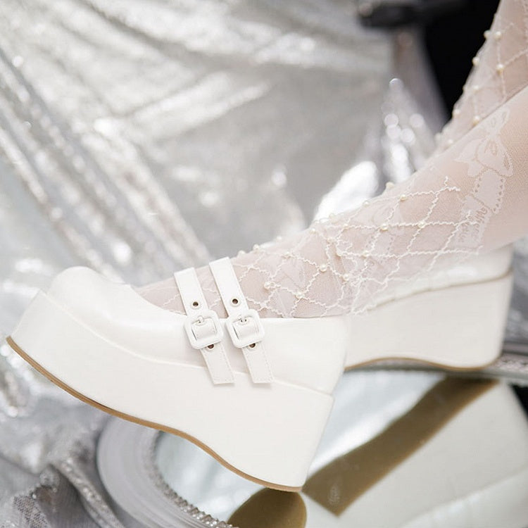 Süße Riemen Weiß Plattformen Schnalle PU Lolita Dual mit