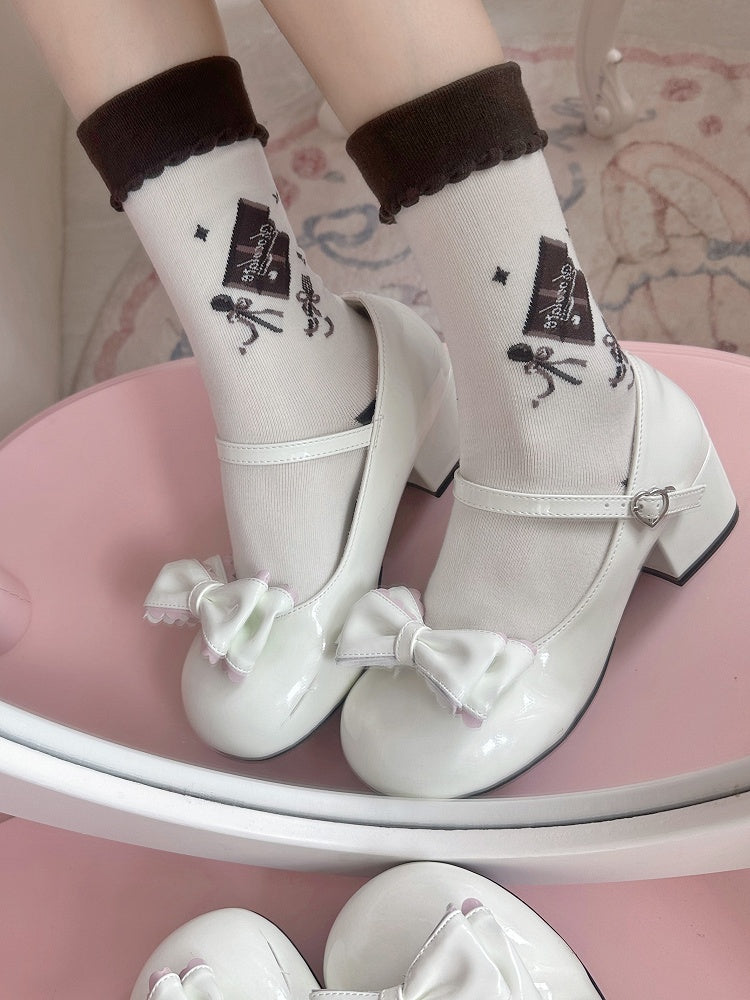 Socks Print Bowknot Lolita Calf White Details Chocolate