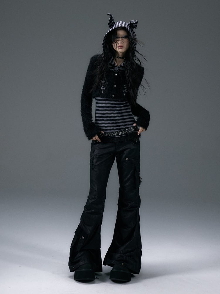 Fake Zweiteiler Schwarz-Grau gestreiftes Top mit Dobermannohr