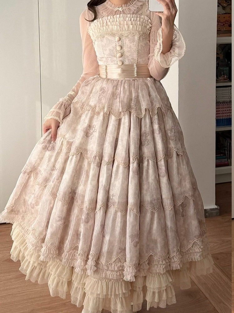 Multi-Layer Skirt Tulle Beige Elegant Hem Ruffled Loose Lolita