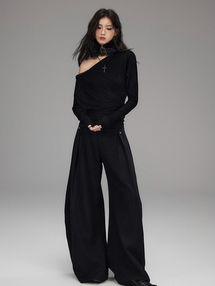 Black Velvet Asymmetrical Cutout Shoulder T-Shirt - Low pixel