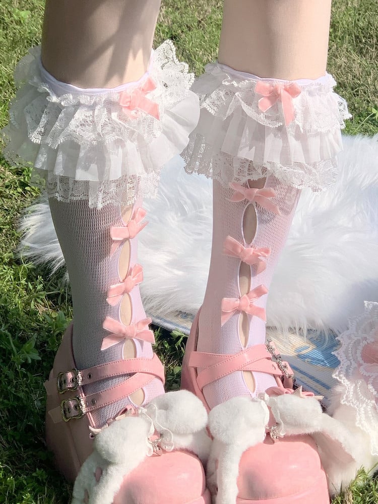 Ruffled Socks Cutout Bow Style Lolita Lace Calf Pink (Colors: