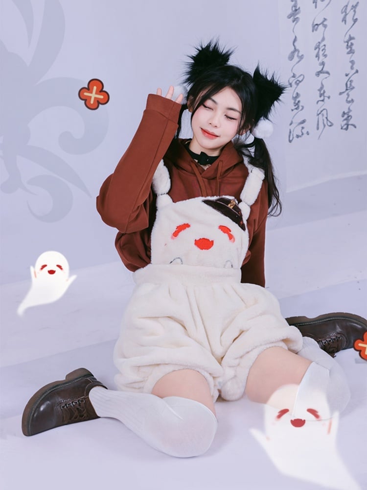 Hu Tao inspirierte Halloween Beige Plüsch Overall Shorts