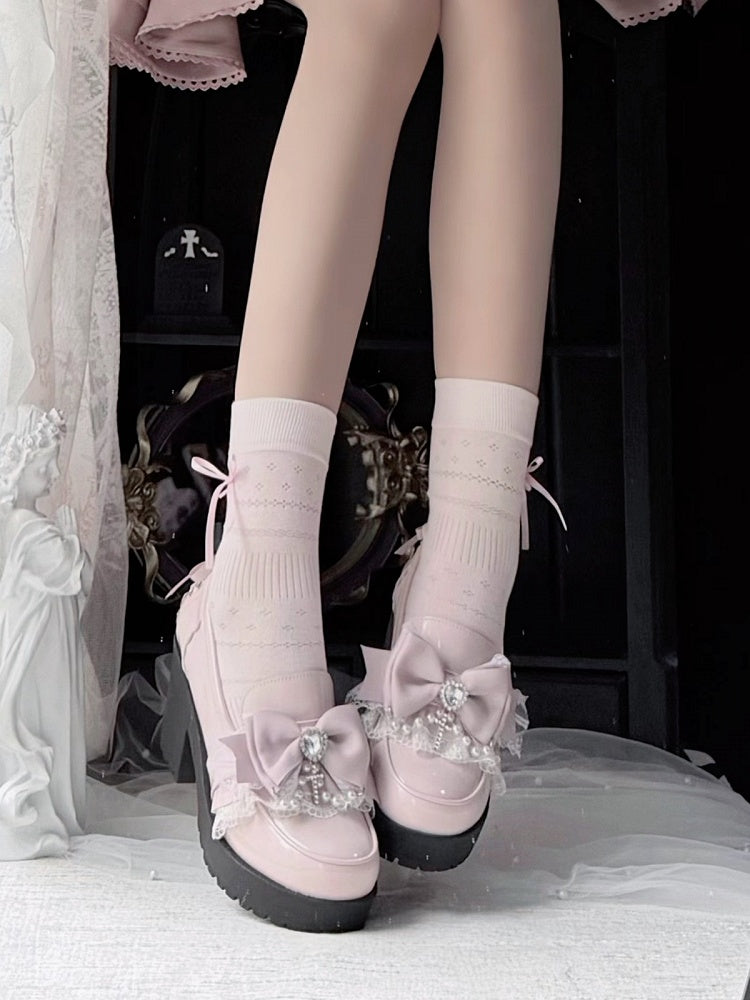 Pink Heart Bowknot 7CM Heel Shoes with Lace & Pearl Chain - Sarina