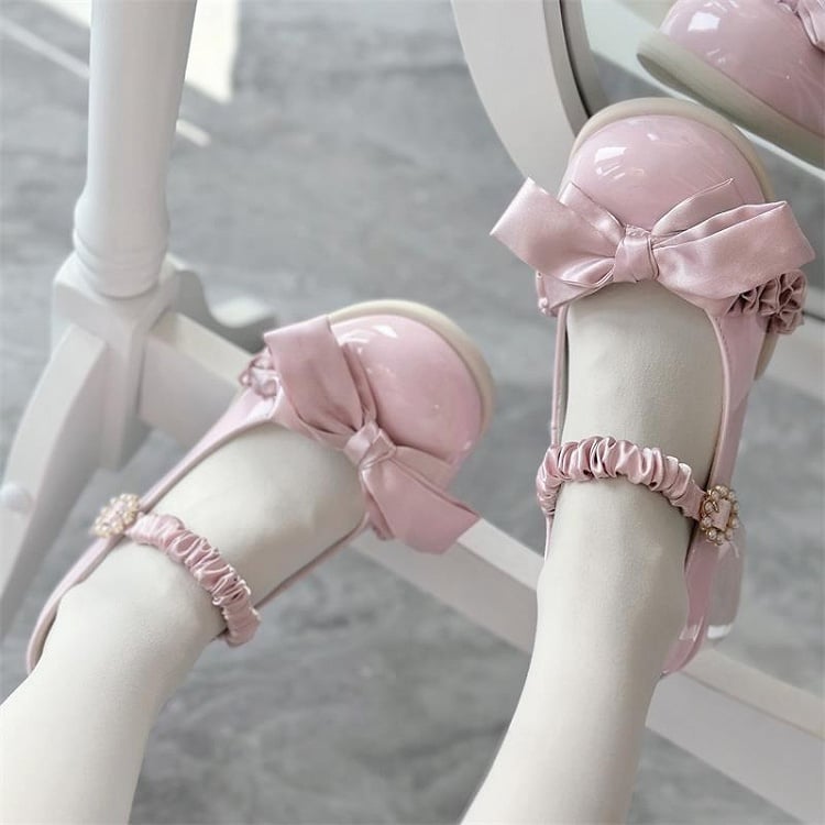 Mary Janes Baby Buckle Bow Gather Mid-heel Sweet - Pink Edging Accents with Lolita Beaded