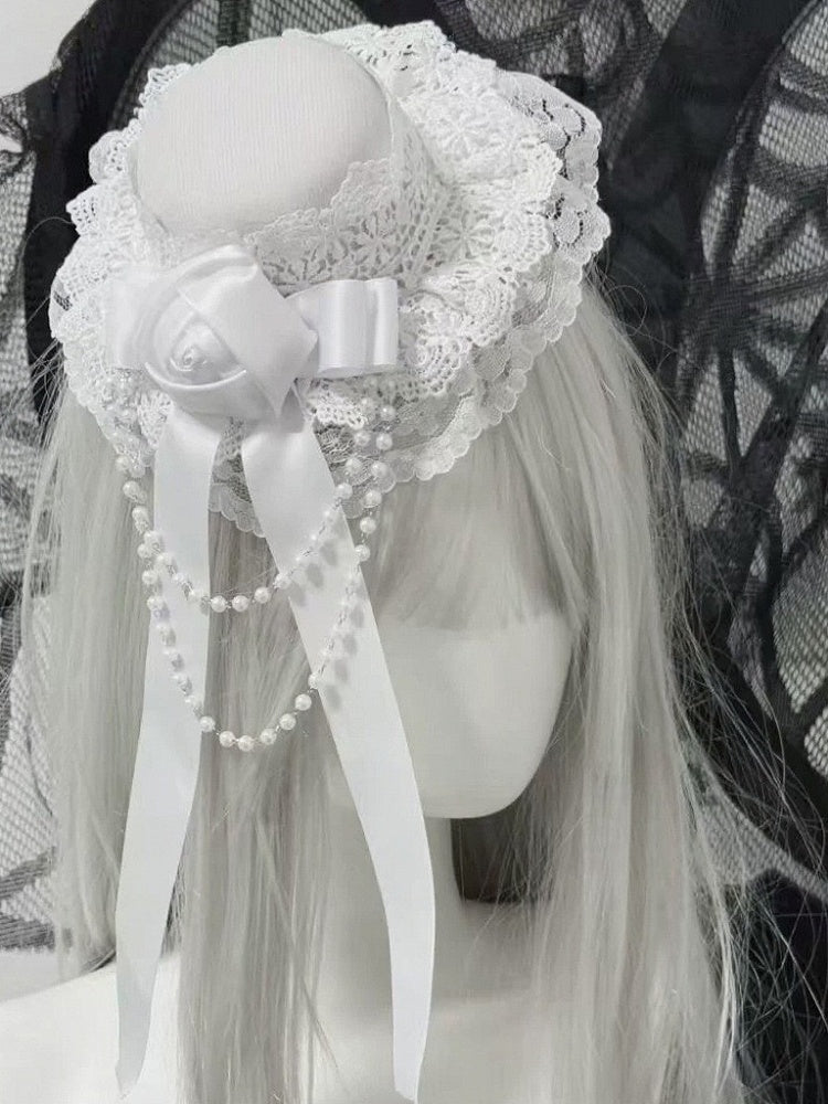 Gothic Lace Trim Rose Mini Hat with Bead Chain - Post-2000 Gift Shop