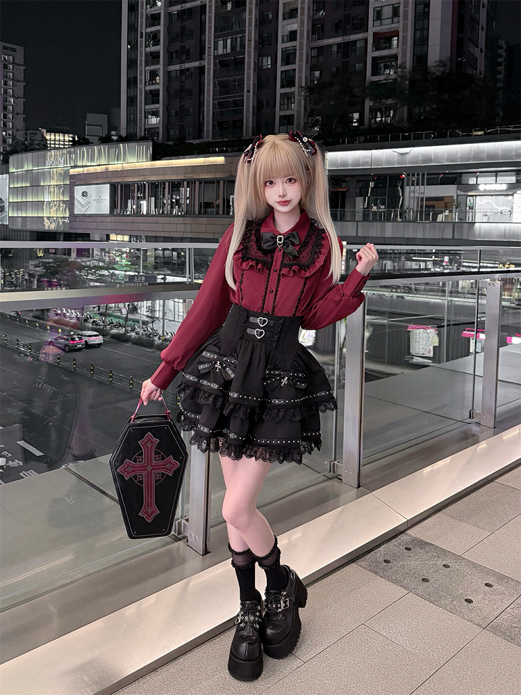 Lace Wine Black Trim Red Blouse Kei Jirai Bittersweet with Long Sleeves