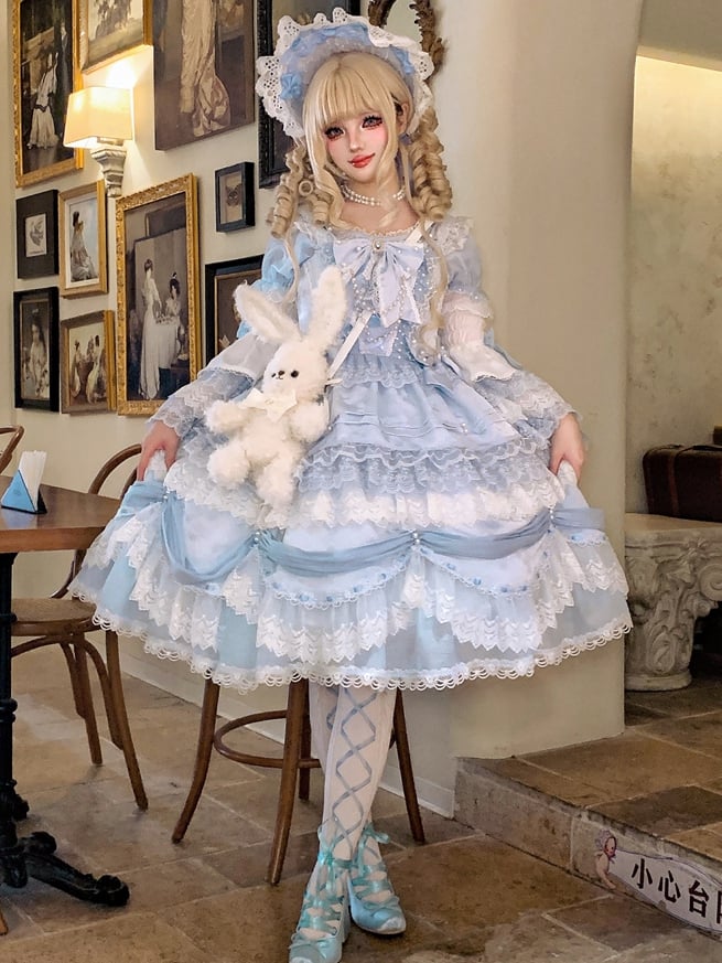 Light Blue Bow Accent Layered Skirt Hanayome Dress Sweet Hime Lolita Jumper Skirt