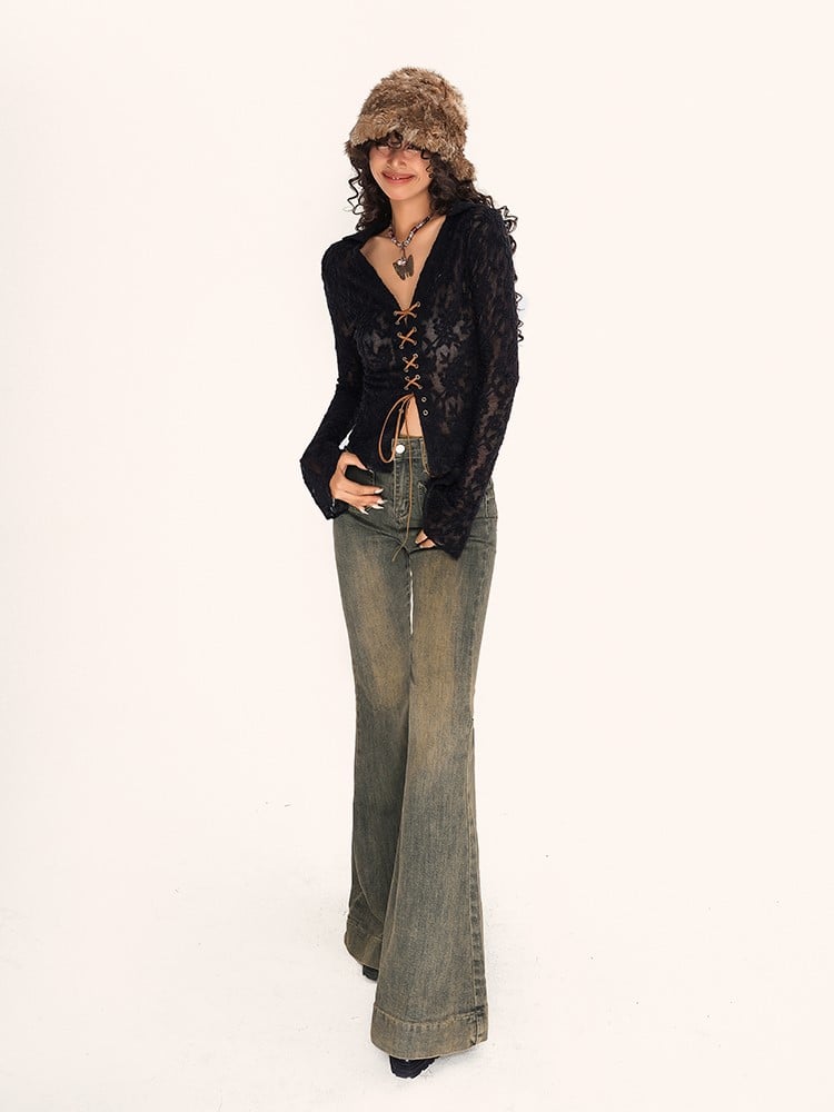 Floral Embroidery Bell Sleeves Black Flocked Mesh Lace-up Blouse with