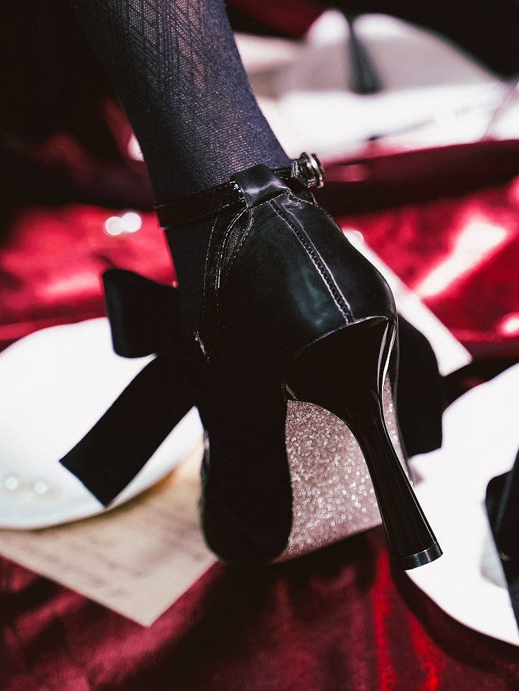 Heels Black Accent Knotted Toe Pointed High Bow Gothic with