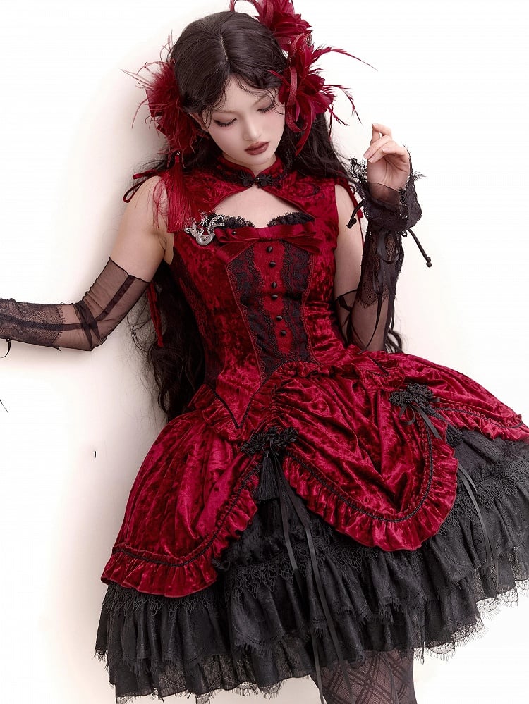 Rotes ärmelloses Cheongsam-Oberteil mit Schlangenknochen-Kragen aus Samt