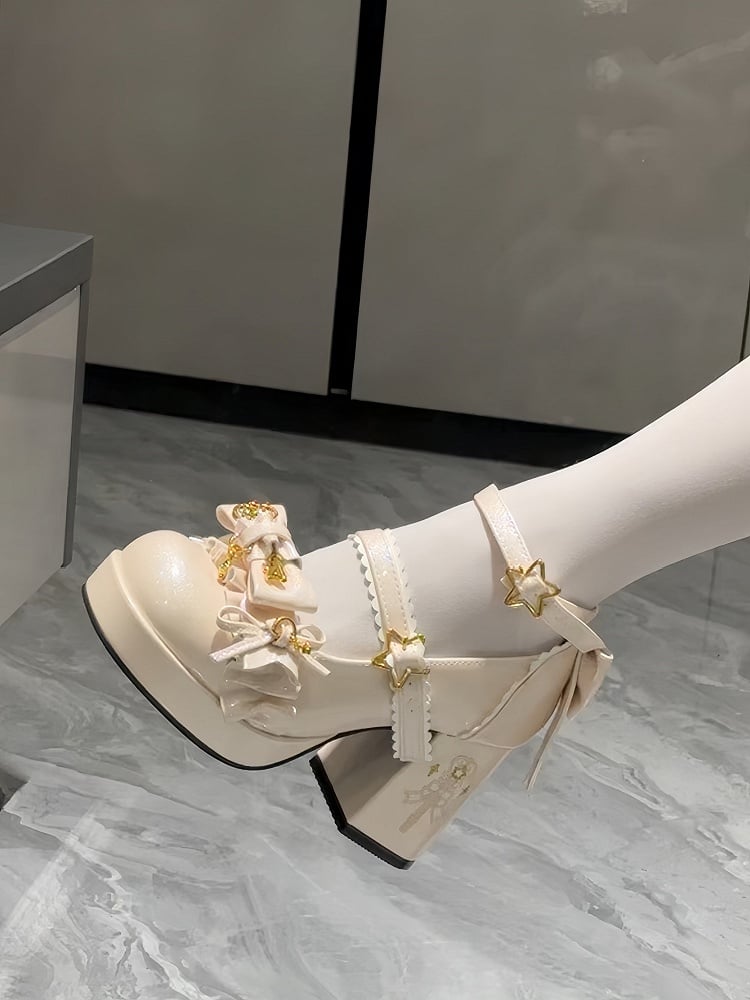 Beige High-heel Lolita Heel Starry with Closure Magic Embroidery Shoes Hime Wand Snap