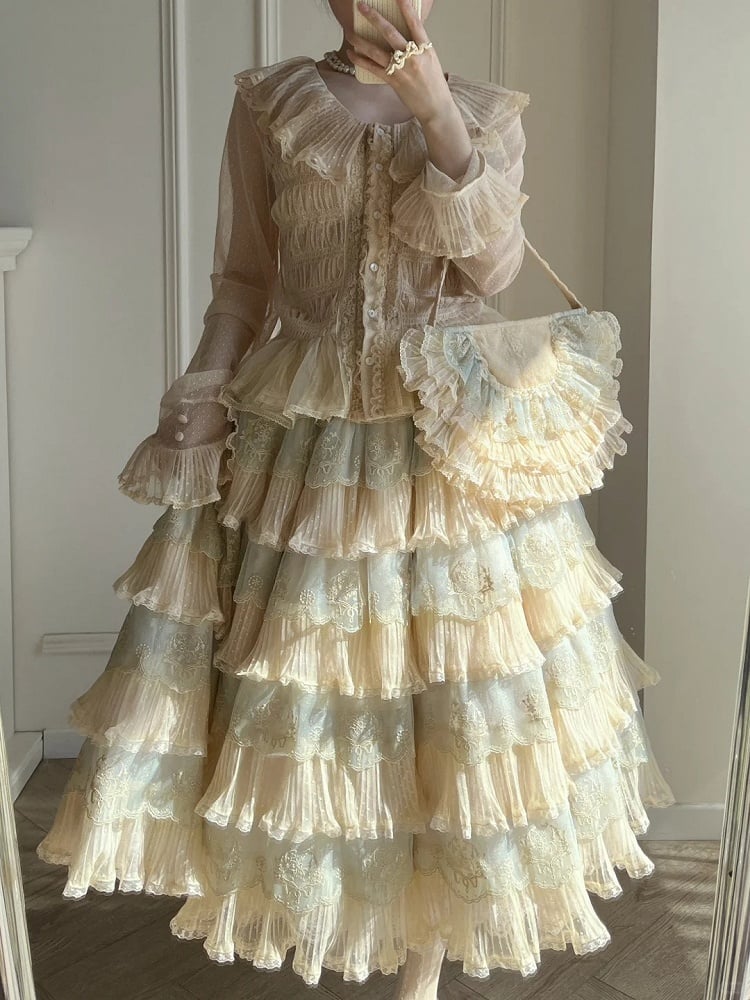 Details with Tulle Flower Multi-Layered Blue Lolita Beige Elegant Skirt Embroidery